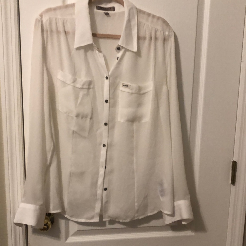Guess Sheer White Button-Up Blouse